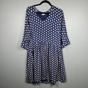Garnet Hill Navy Floral‎ Drop Waist Dress Rolled 3/4 Sleeve Viscose Lined 12